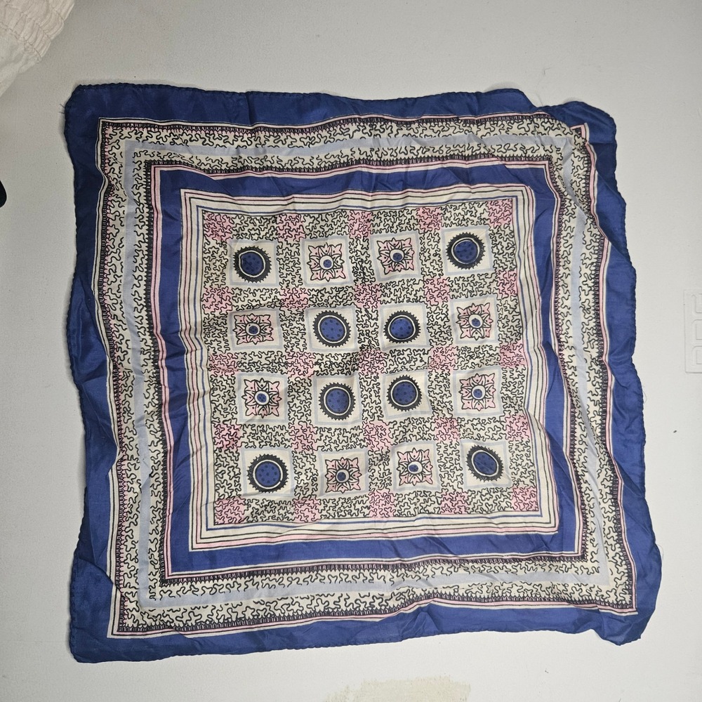 Vintage Pure Silk Scarf Water Repellent Blue‎ Pink Geometric Medallion Square